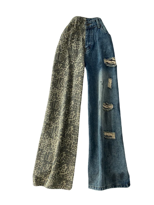 Faionable Leopard Print Patchwork Distred Denim Wide Leg Pants Women Winter Hot Girl High Waist Slim Straight Long Trousers