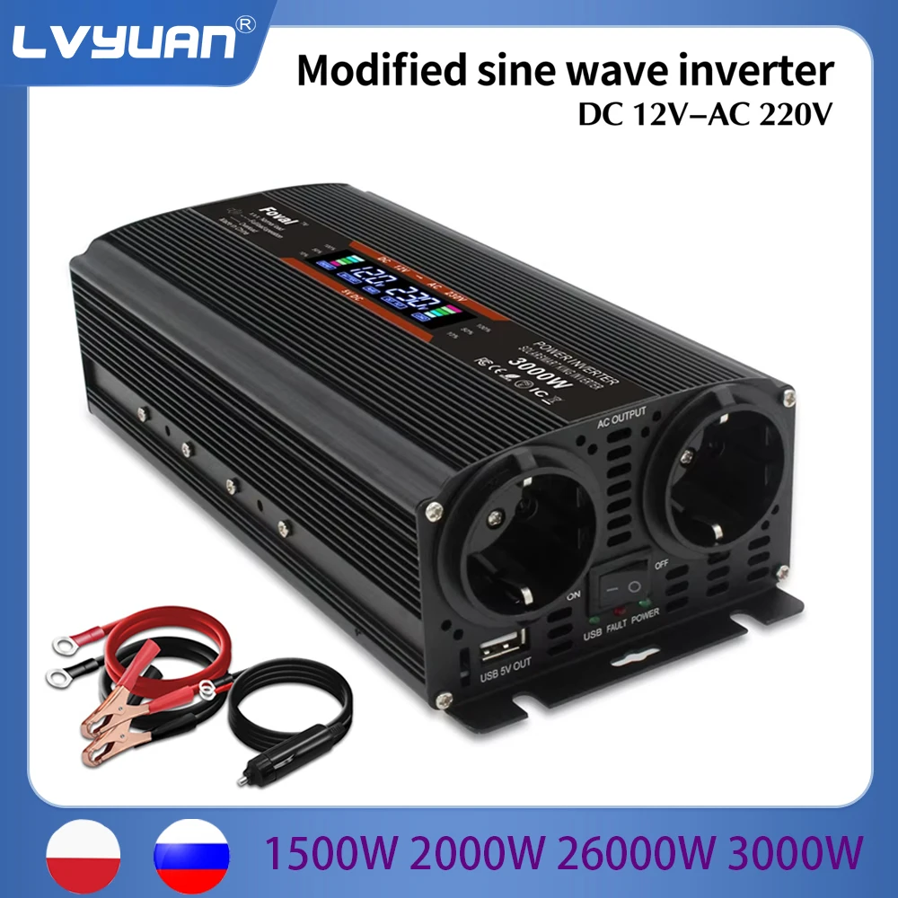 1500W/2000W/2600W Modified Sine Wave  LCD display Power Inverter DC 12V to AC 220V Solar 2 USB Car Transformer Convert EU Socket