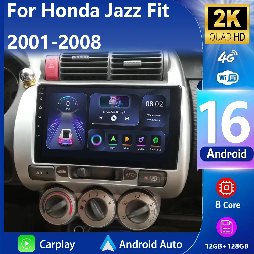 Android 16 para Honda Jazz 1 GD 2001 - 2008 ajuste 2001-2009 2K QLED estéreo Radio de coche reproductor de vídeo Multimedia GPS 4G CarPlay