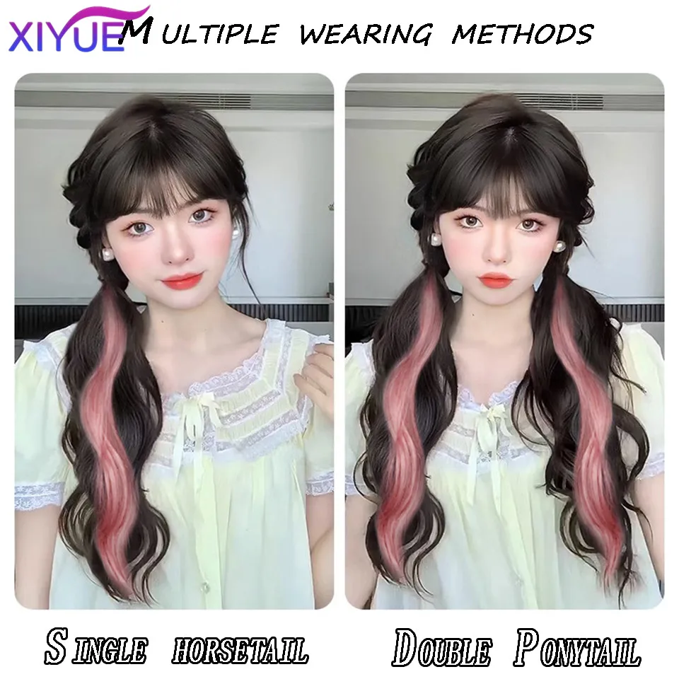 XIYUE  Wig braid female ponytail cross dyed curly hair natural fluffy pink dopamine can be tied into Pigtail fake braid