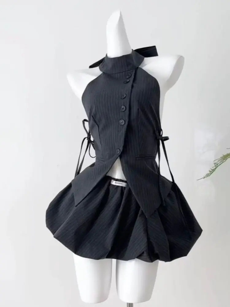 

Y2K Elegant Summer Korean Women 2 Piece Set Pinstripe Sleeveless Halter Tie Button Tops+ Low Waist Mini Bubble Skirt Outfits New