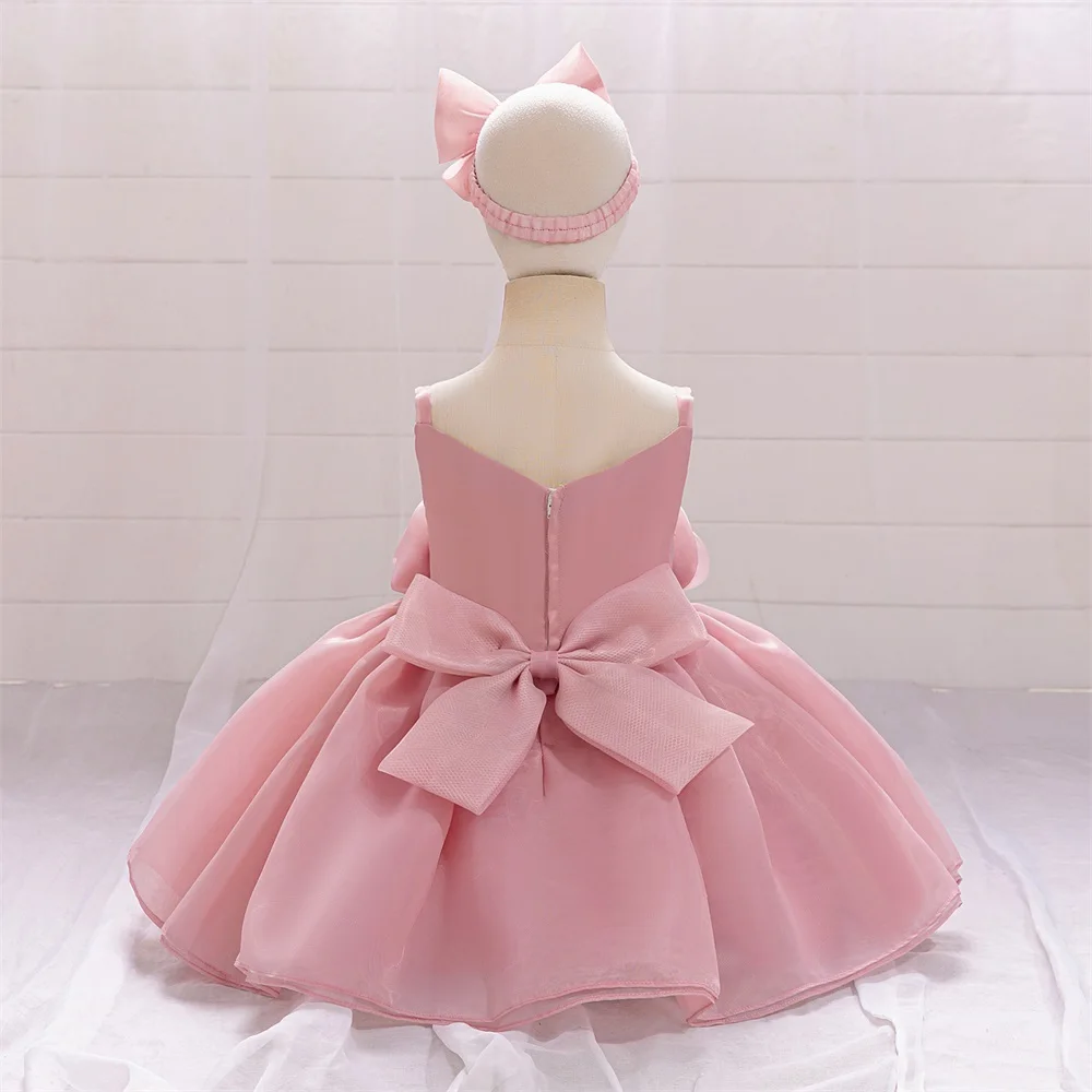 Baby Girl Dress Big Flower Ceremony Pink 1st Birthday Clothes For Baptism Bow Princess Kids Costume Party Wedding Gown Vestidos