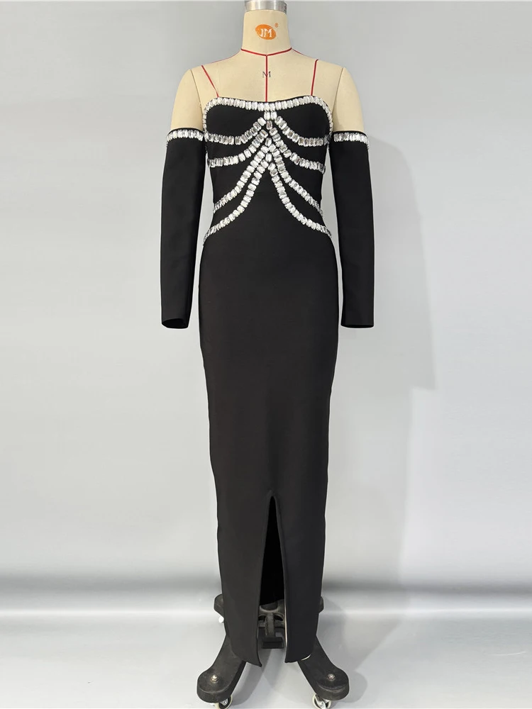 Sexy épaules nues diamants perles robe de pansement femmes noir manches longues cristal moulante longues robes robes de soirée