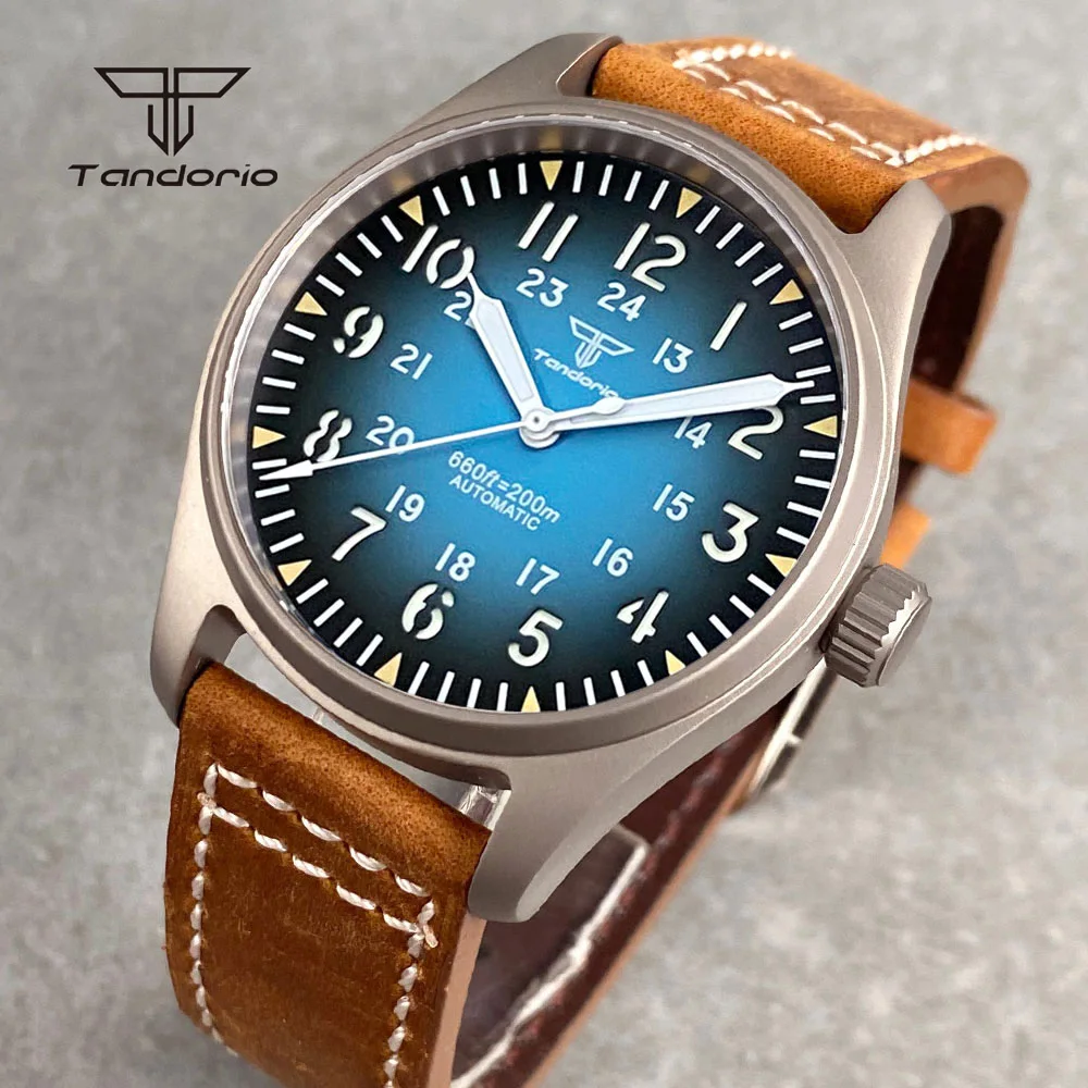 Tandorio 39mm Titanium Pilot Light Weight Gradient Color Diver Men\'s Automatic Watch Sapphire Crystal Luminous Wristwatch 20Bar