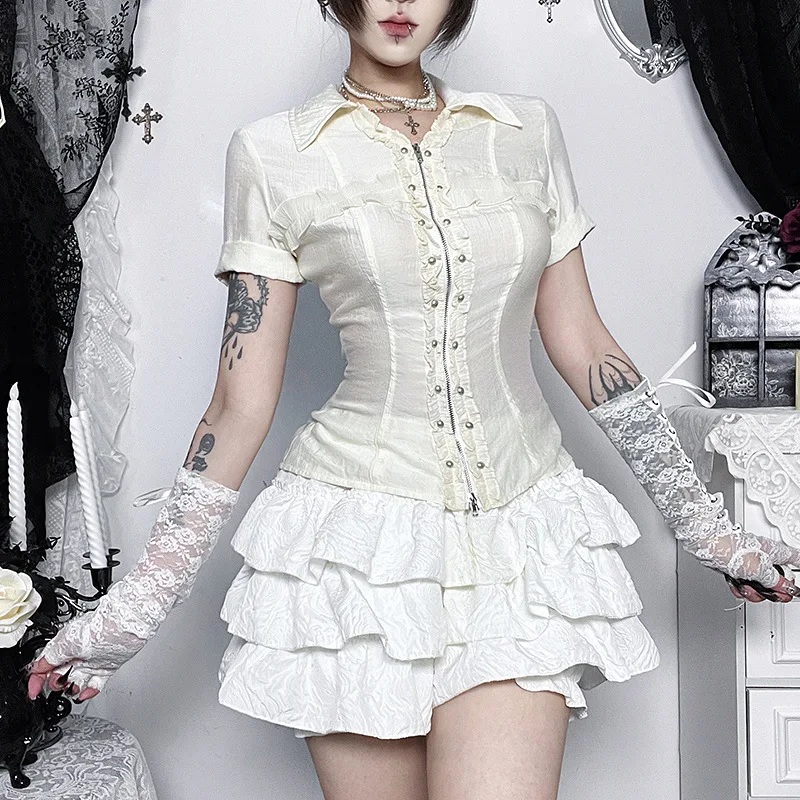 Women Gothic Lapel Short Sleeve Shirt Ruffle Trim Front Zipper Slim Blouse Y2K Dark Academia Irregular Hem Fitted Streetwear Top