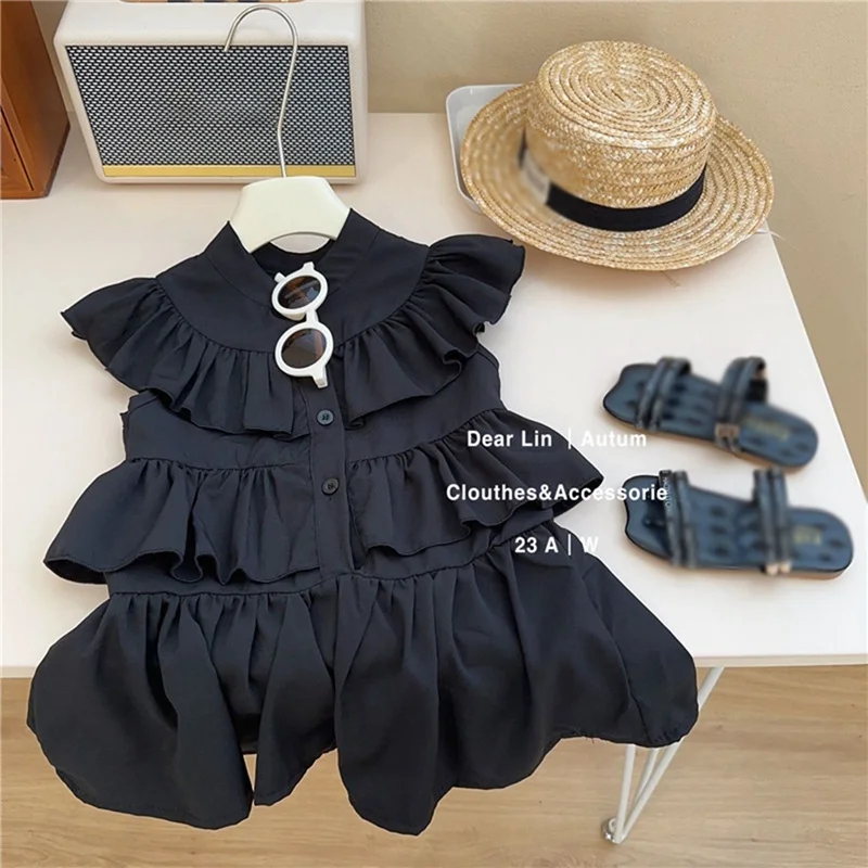 Toddler Children Girls Black Vest Dress Sleeveless Ruffles Premium Feeling Casual Princess Dress For Party Kids Summer Clothes