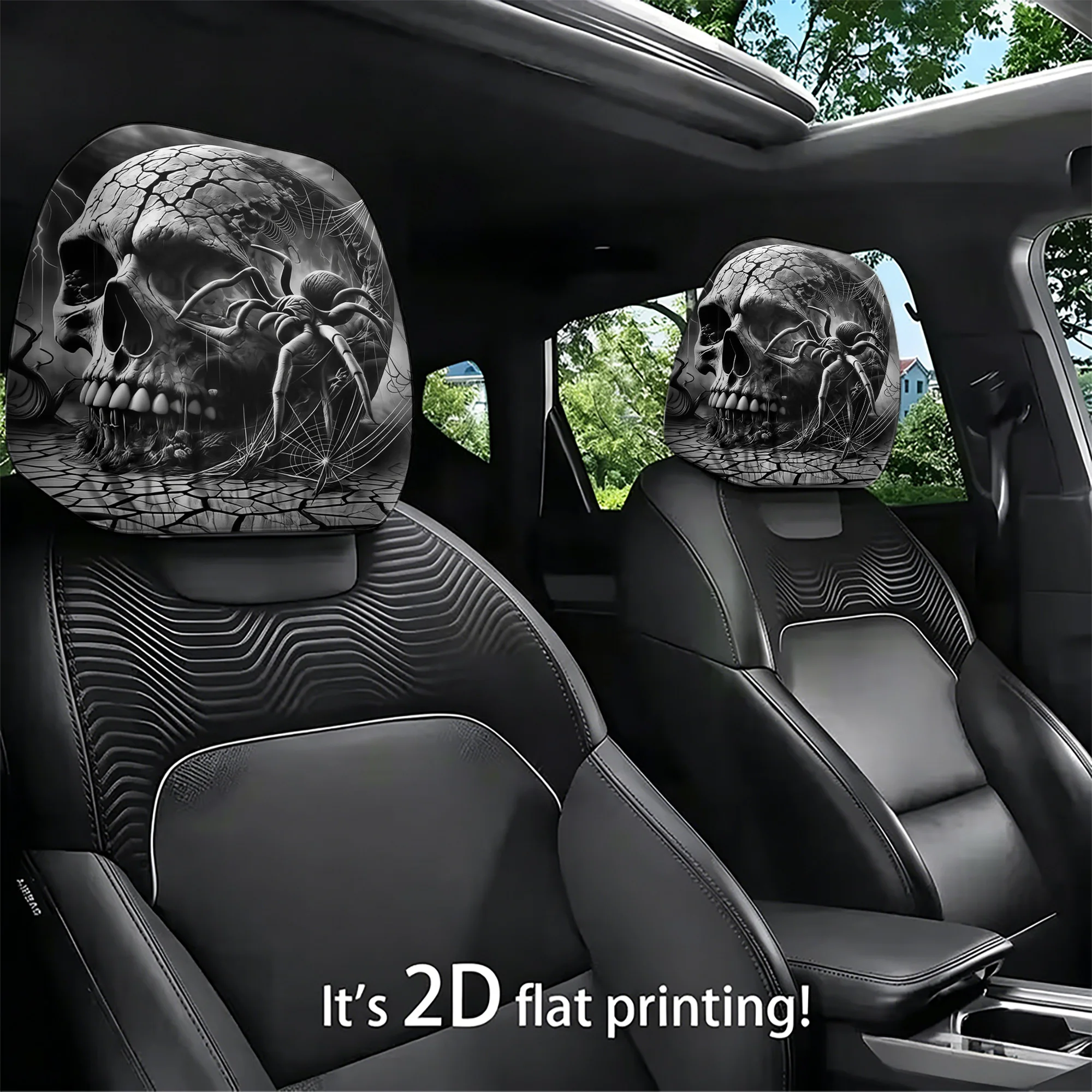 2pcs Gothic-style skull and spider-patterned car headrest covers to add a bold, avant-garde touch to your car’s interior. Does n