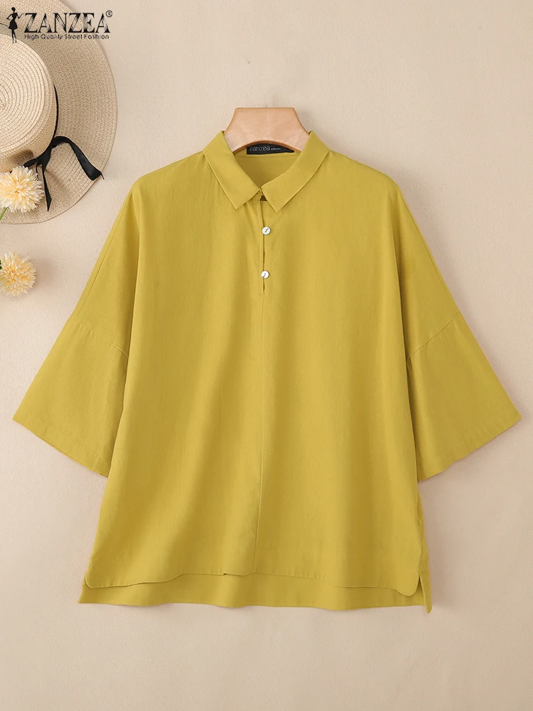

ZANZEA 2023, осенние женские блузки с высоким и низким вырезом, повседневные блузки с отложным воротником и половиной пуговиц, рукава 3/4, Blusas Mujer, свободные хлопковые желтые топы
