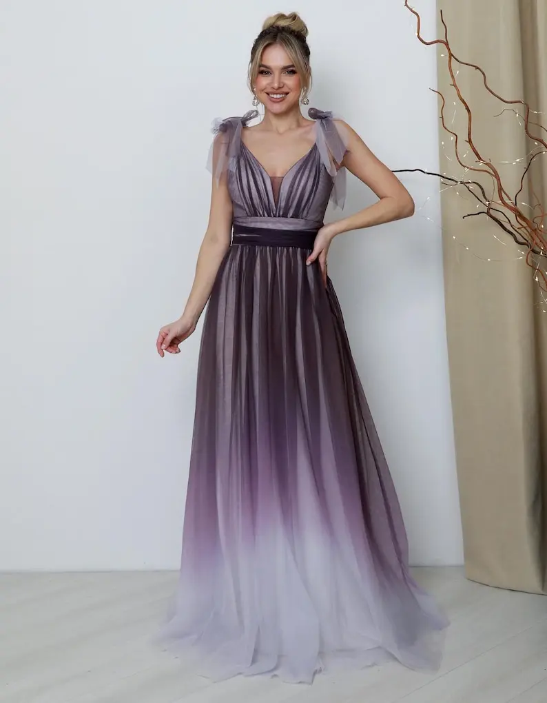 

Элегантное романтическое вечернее платье из тюля с градиентом для женщин с бретелями-бабочками на шнуровке, корсетом и бантом, платье для выпускного вечера