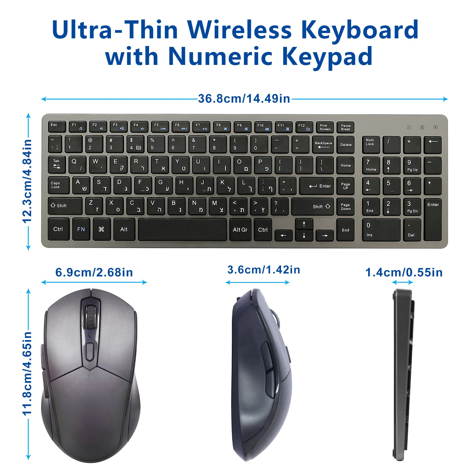 Hebrew Rechargeable Wireless Keyboard and Mouse Kit, USB Slim Keyboard and Silent Mouse, for Windows PC Computer Laptop Mac TV