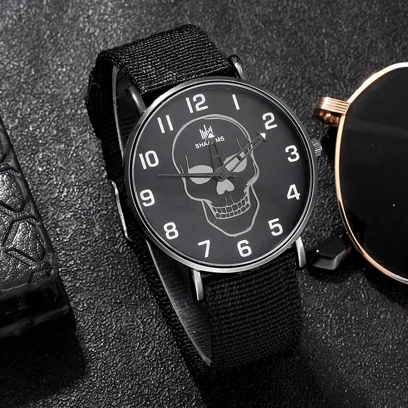 Luxury Classic Skull Dial Design Mens Watch Nylon Strap Sports Watches Casual Black Men Watch Fashion Big Dial Male Clock Relogi