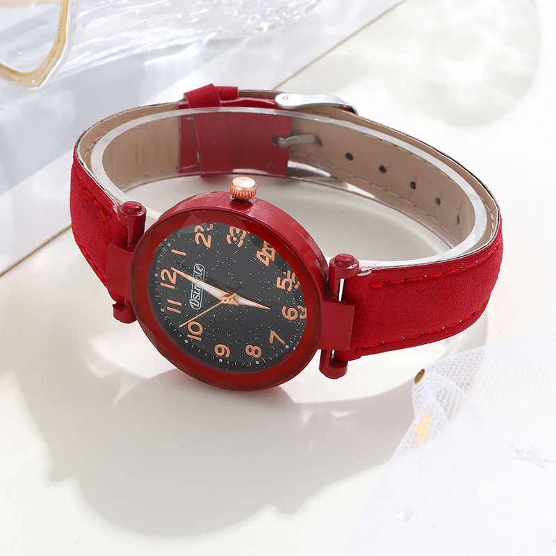 5PCS Set Women Starry Sky Dial Watch Brand Design Female Clock Red Leather Band Ladies Watches Simple Casual Womens WristWatch