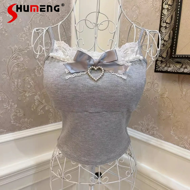

Новый японский романтический балетный стиль Kawaii Sweet Slings с бантом и жемчужной кружевной отделкой, облегающий укороченный топ с подушечками на груди, камзол для женщин