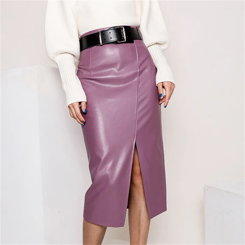 

2023 New Arrival Autumn and Winter Women High Waist Over Knee Slit Genuine Sheepskin Leather Skirt