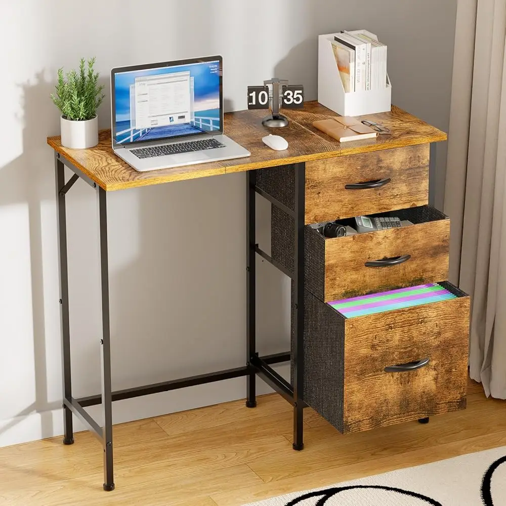 

Small Computer Desk With Fabric File Drawers Cabinet, 36 H Simple Writing Desk With Filing Cabinet For Home Office, Modern