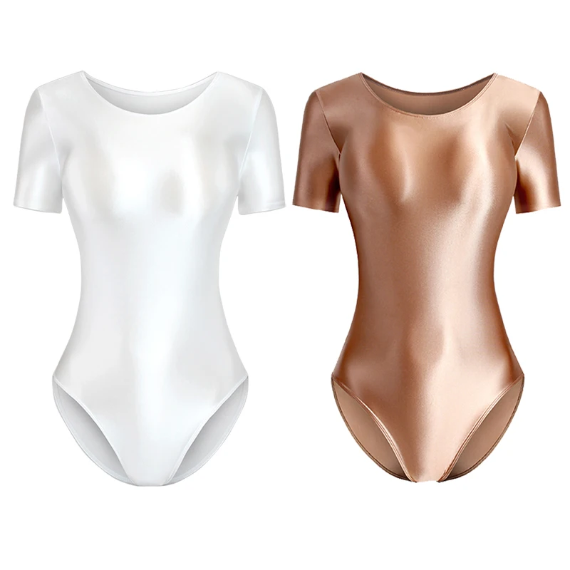 sexy women silky glossy one-piece japanese swimsuit oily tights shapewear Shiny short sleeve bodysuit Men's bathing suits