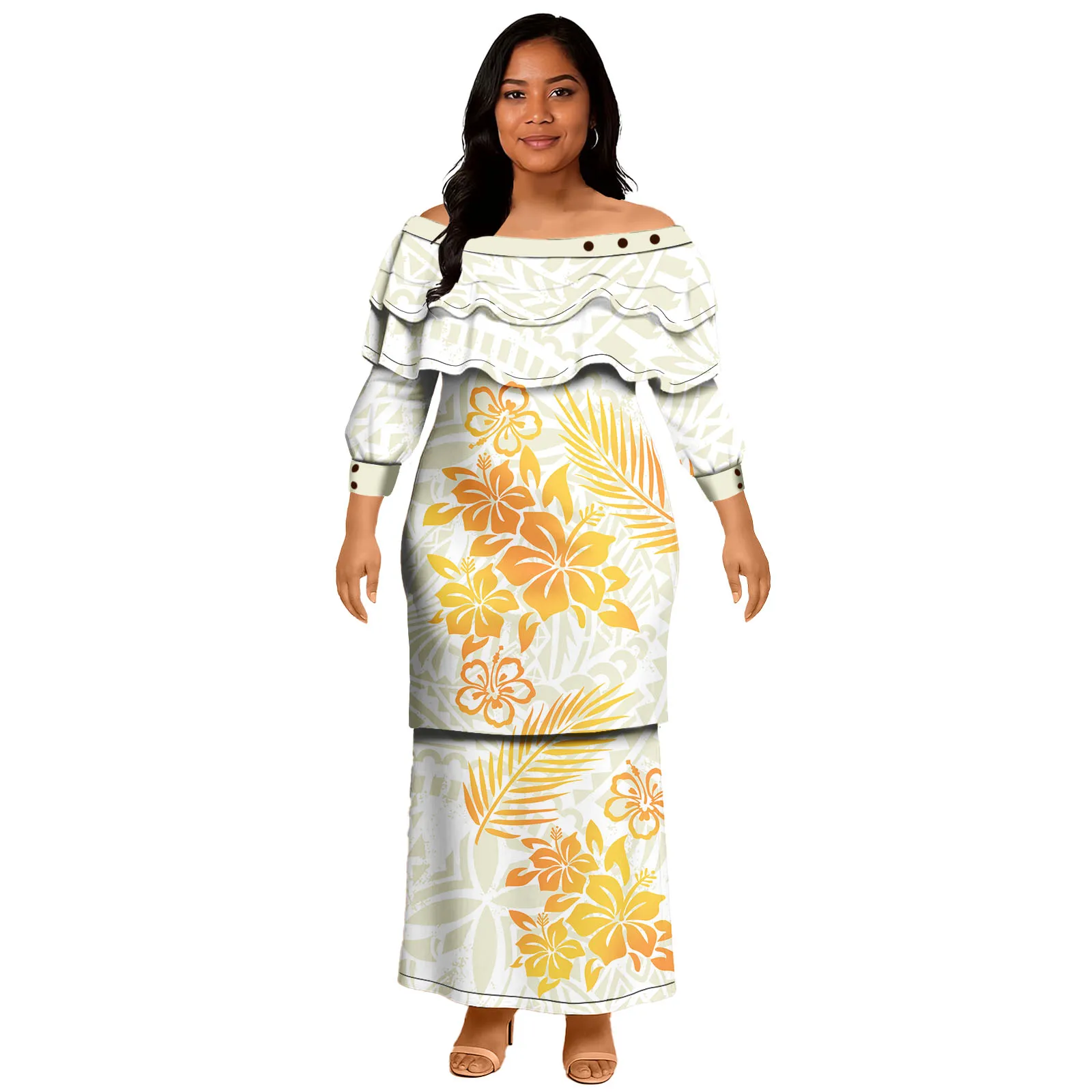 Roupas de Designer Personalizadas, Vestuário Feminino Polinésio de Praia, Elegante Puletasi Samoano, Conjunto de 2 Peças, Vestidos Florais Havaianos para Mulheres