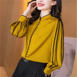 Satin Blouses Women Long-sleeved Shirt Solid Color Imitation Silk Shirt Autumn Woman Top Vintage Buttons Pullover Female Shirt