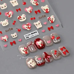 Lovely Cartoon Red Cherry Bowknot Hamster 5D Embossed Reliefs Self Adhesive Nail Art Stickers Cute 3D Manicure Decals Wholesale
