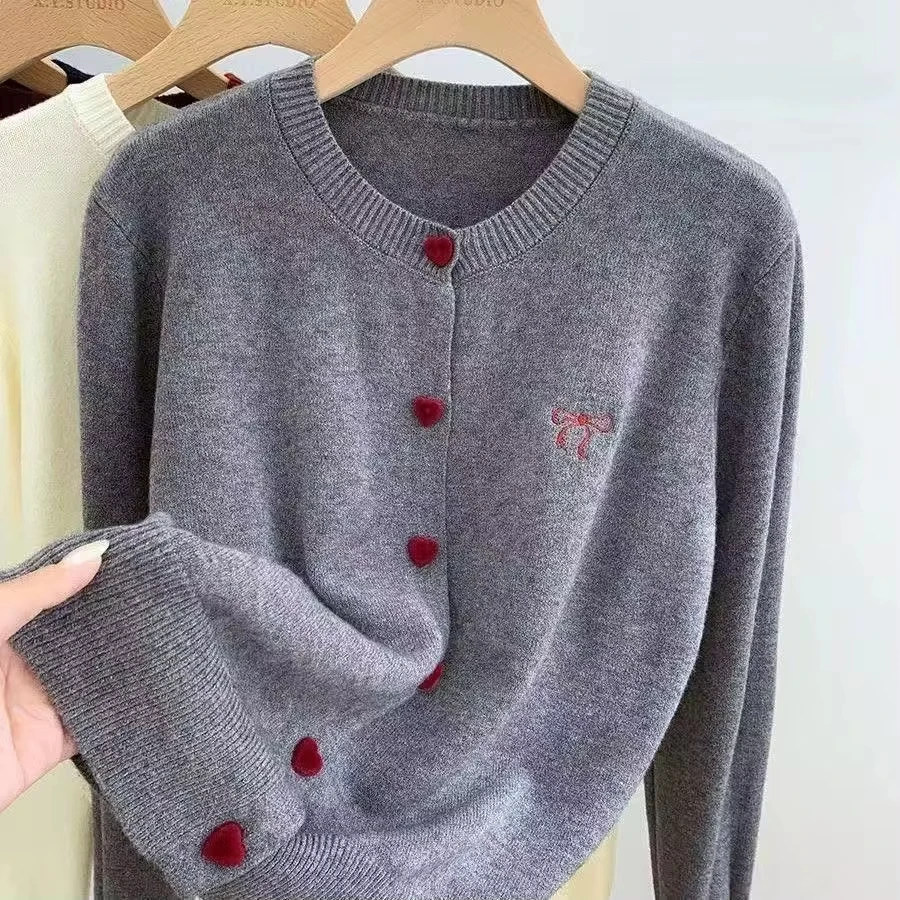 2026 Women Knitted Cardigan Bow Embroidery O-Neck Single Breasted Heart-shaped Button Sweater Korean Casual Solid Knitting Tops