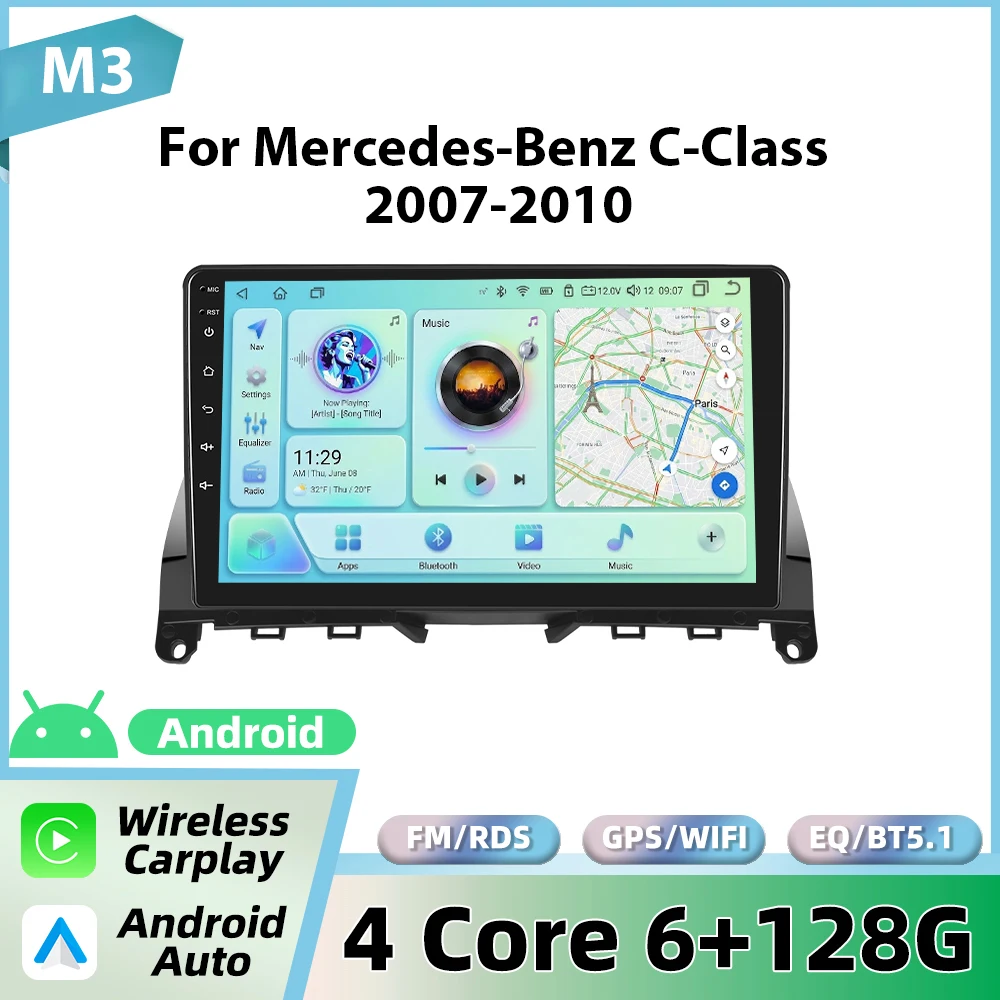 Podofo draadloze CarPlay voor Apple voor Mercedes-Benz C-Klasse W204 S204 2007-2010 Android Auto autoradio GPS FM/RDS stereo WiFi BT