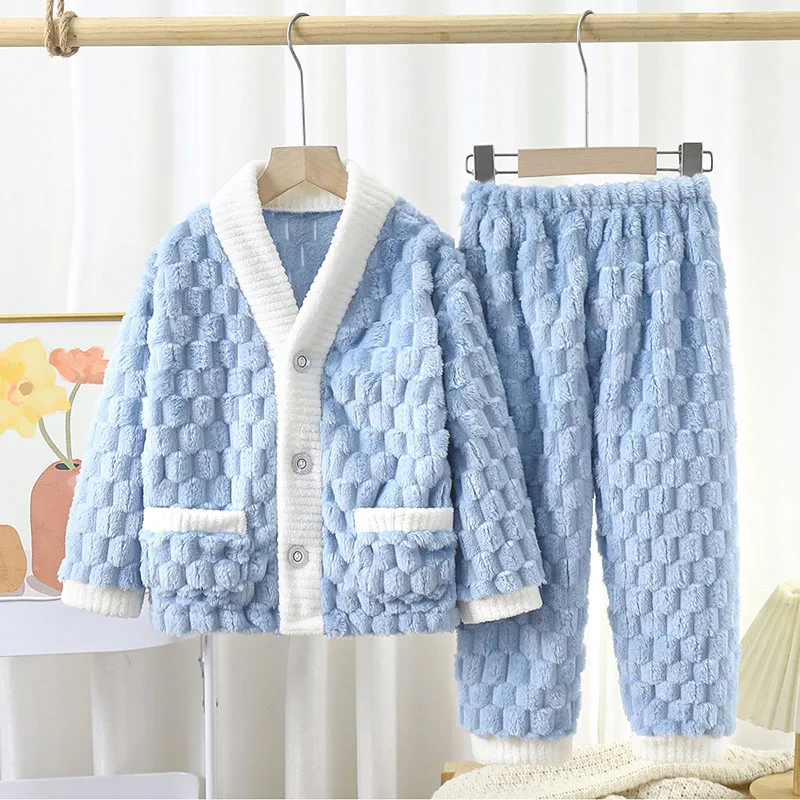 Thickened Warm Children Sleepwear Winter Flannel Long Sleeves Long Trousers Solid Cardigan Home Wear Padded Cute Plaid Pajamas