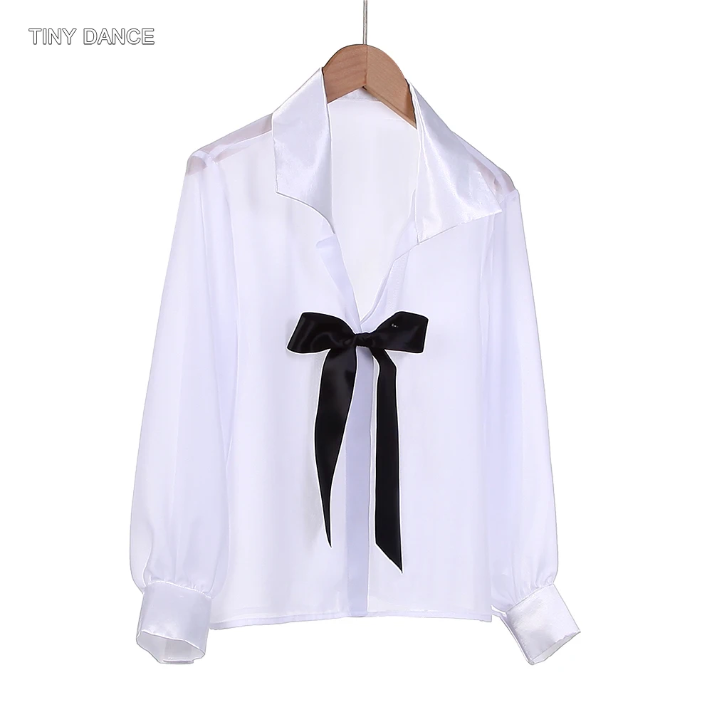 남성용 흰색 발레 댄스 셔츠, 검정색 리본 퍼포먼스 의상 상의, 앞면 리본 디자인 발레 공연복 26015
