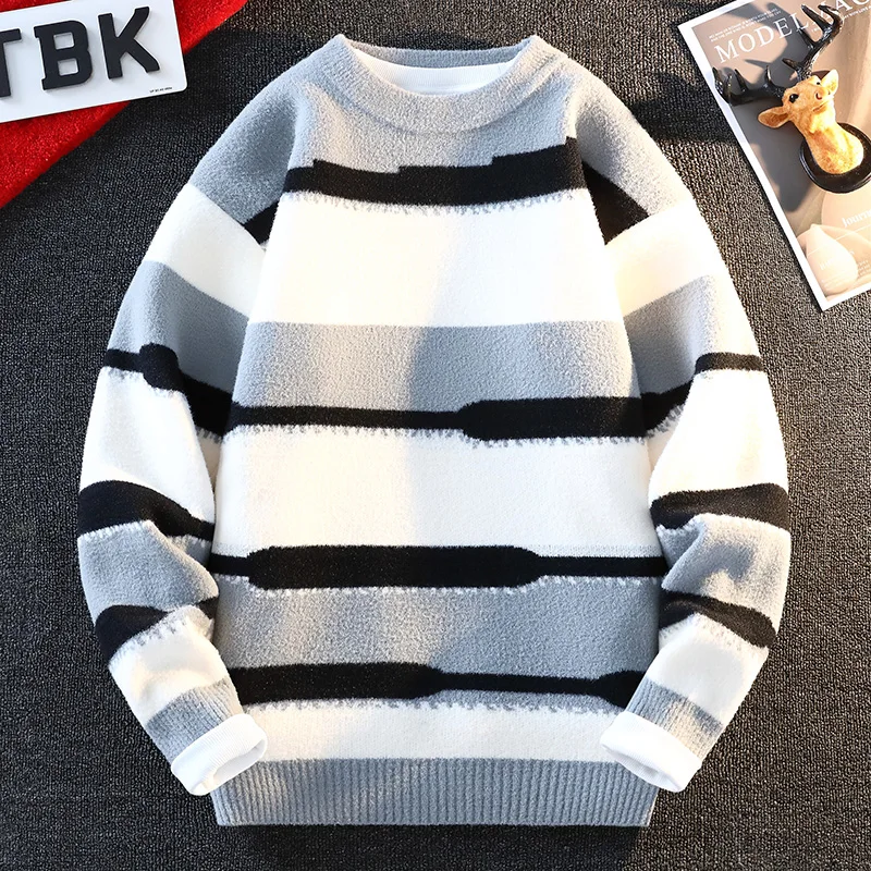 Suéter de moda de invierno para hombre, jerséis de punto informales, suéteres de punto sueltos y gruesos y cálidos, ropa de calle con cuello redondo para hombre 2024