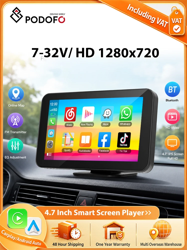 Monitor samochodowy Podofo 4.7'' z funkcją Carplay, Android Auto, GPS, BT, odtwarzacz multimedialny wideo, Android Cast, Airplay, AUX, FM, EQ, inteligentny ekran z funkcją odtwarzania muzyki i rozmów — 2