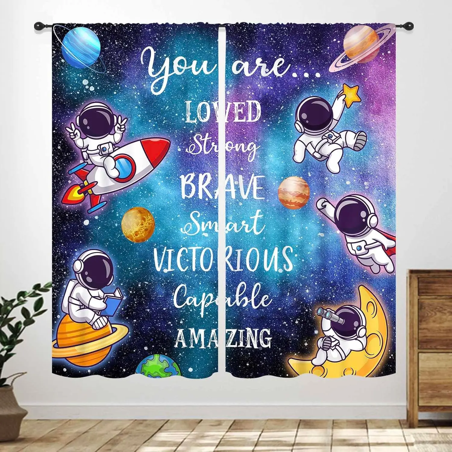 Cartoon Galaxy Astronaut Quote Curtains, Outer Space Planet Adventure Print 2 Panels Drapes for Boys Kids Teens Bedroom Decor
