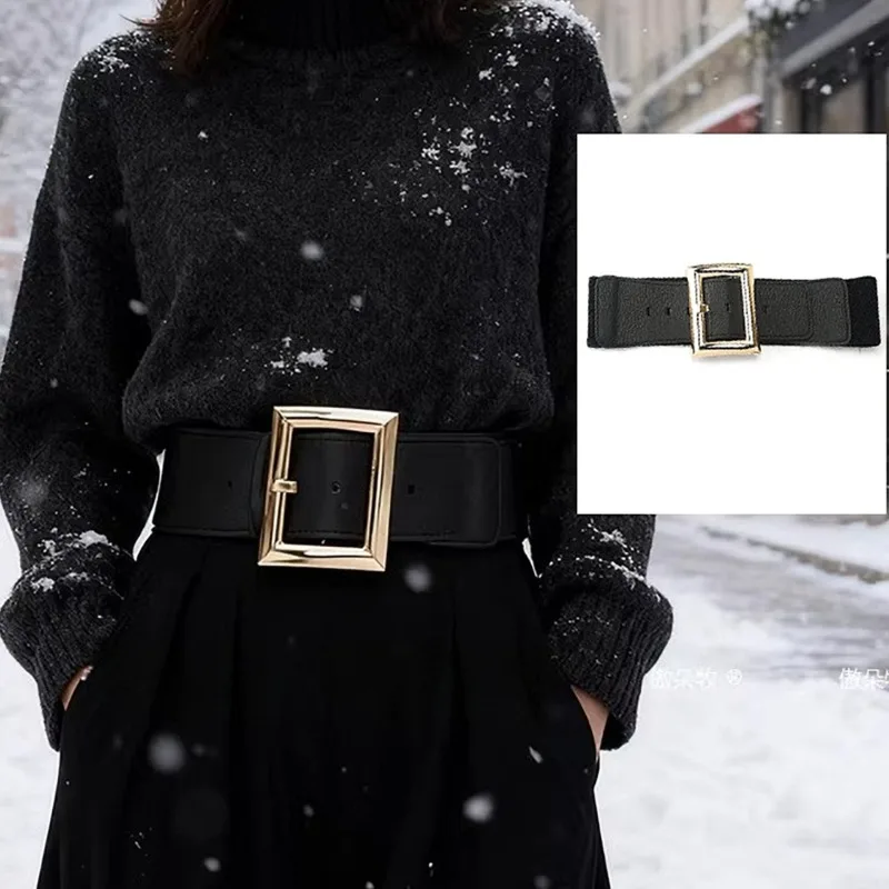 Damen Wintergürtel Luxuriöser Goldener Dornschließen-Gürtel Breiter Taillengürtel Schwarzer Ledergürtel mit Quadratischer Schnalle für Mäntel