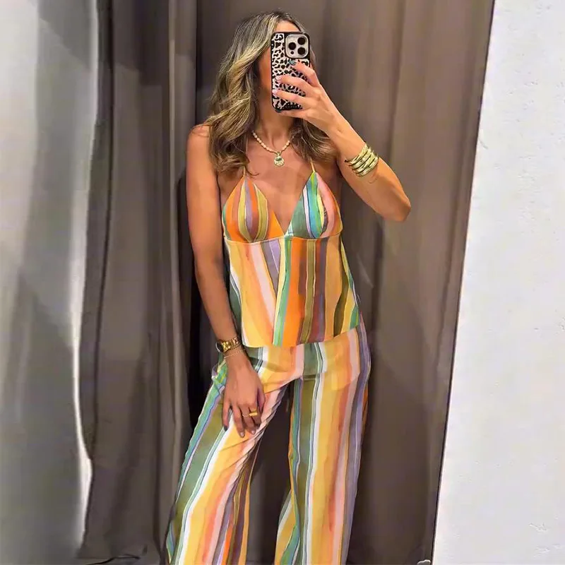 Gestreifte V-Ausschnitt Rückenfreie Crop-Tops und Hosen-Sets für Damen, Sexy Ärmelloses Schnür-Top, Midi-Taille, Weite Hosen, Schicke Damen-Outfits – Detail 3