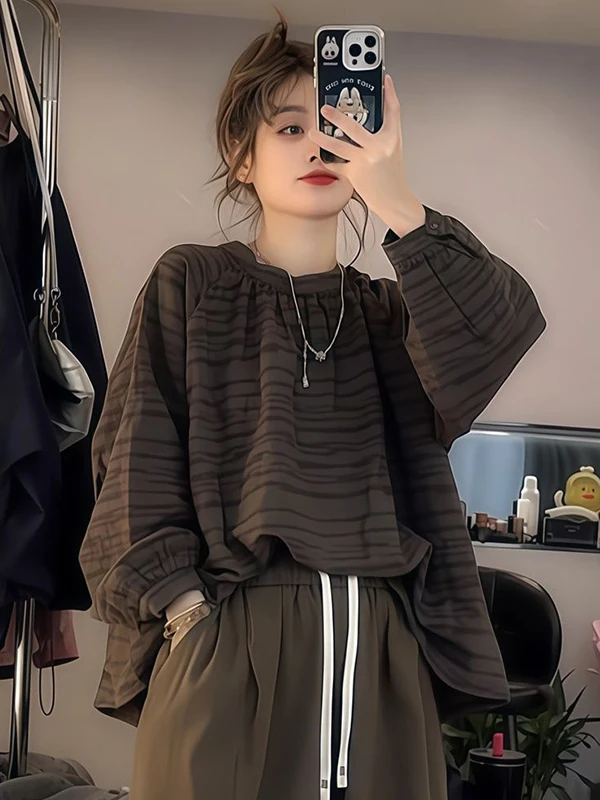 

Женская винтажная кофейная полосатая кофта больших размеров (до 300 фунтов), осенне-зимняя, свободного кроя, с длинным рукавом и круглым вырезом, стильный дизайн