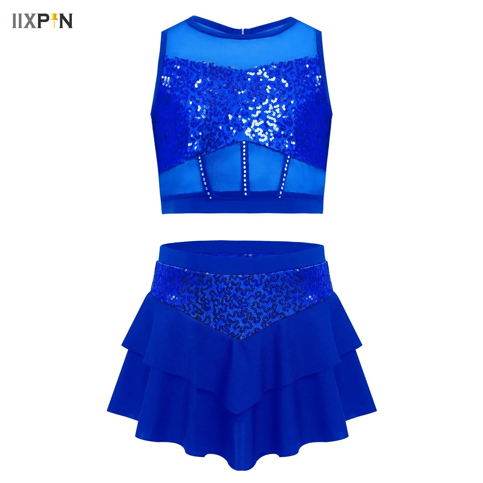 

Kids Girls Sequins Jazz Dance Costumes Sleeveless Ballet Crop Top Tiered Skirt Set Hip Hop Ballroom Modern Performance Clothes