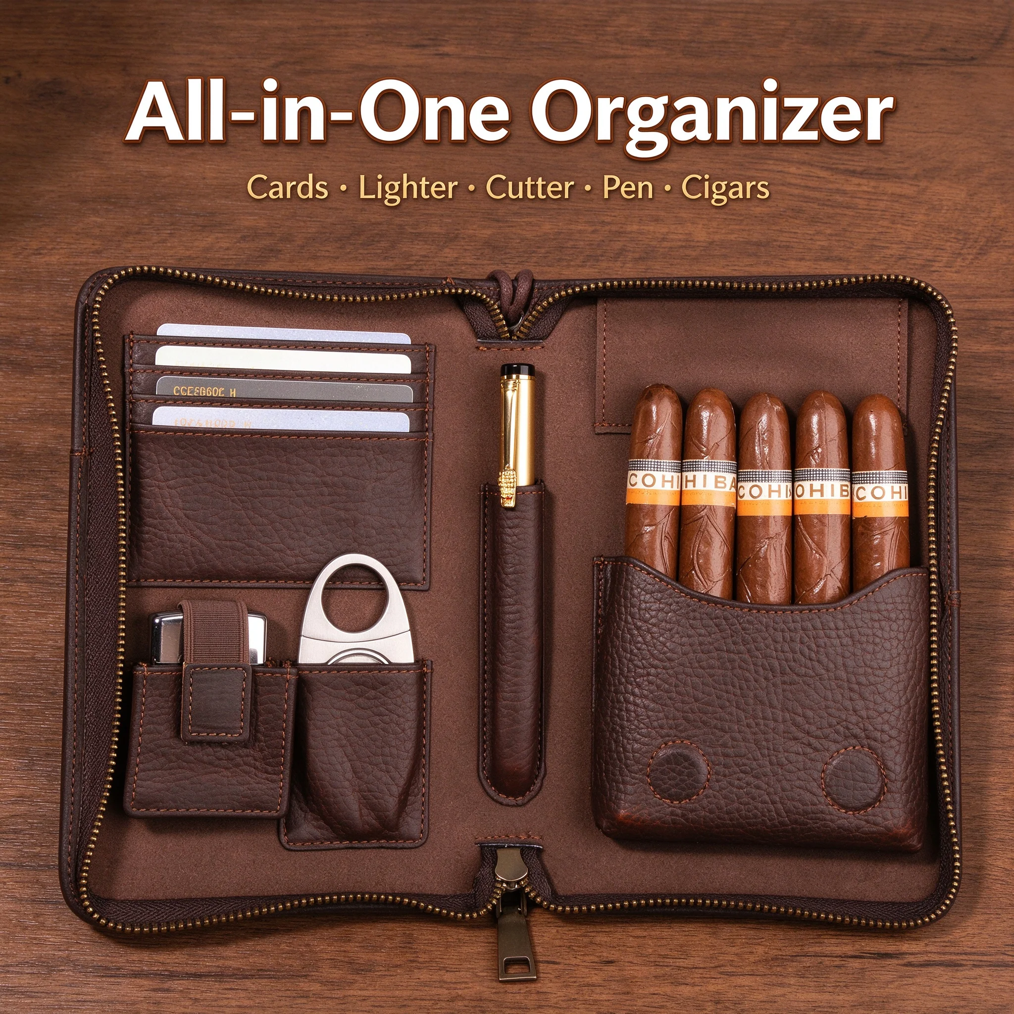 1pc PU Leather Cigar Case, 5-Cigar Travel Humidor Litchi Texture, Portable Cigar Storage Bag with Accessories,  Gift for Men