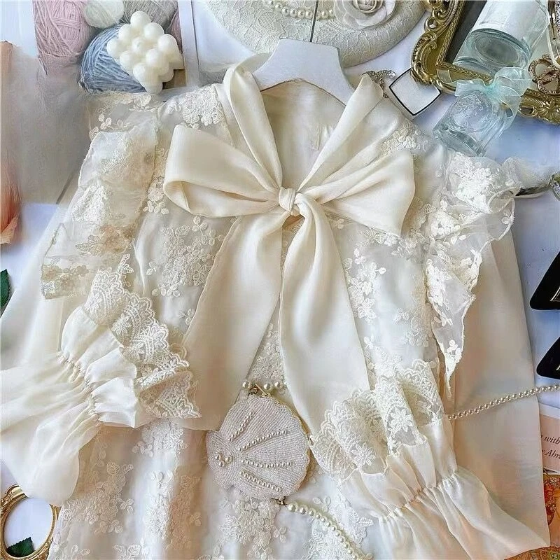 

Spring Fall Women Ruffles Lace Patchwork Flare Full Sleeve Beige Top T Shirt , Woman Korean Embroidery Butterfly Tops Shirts