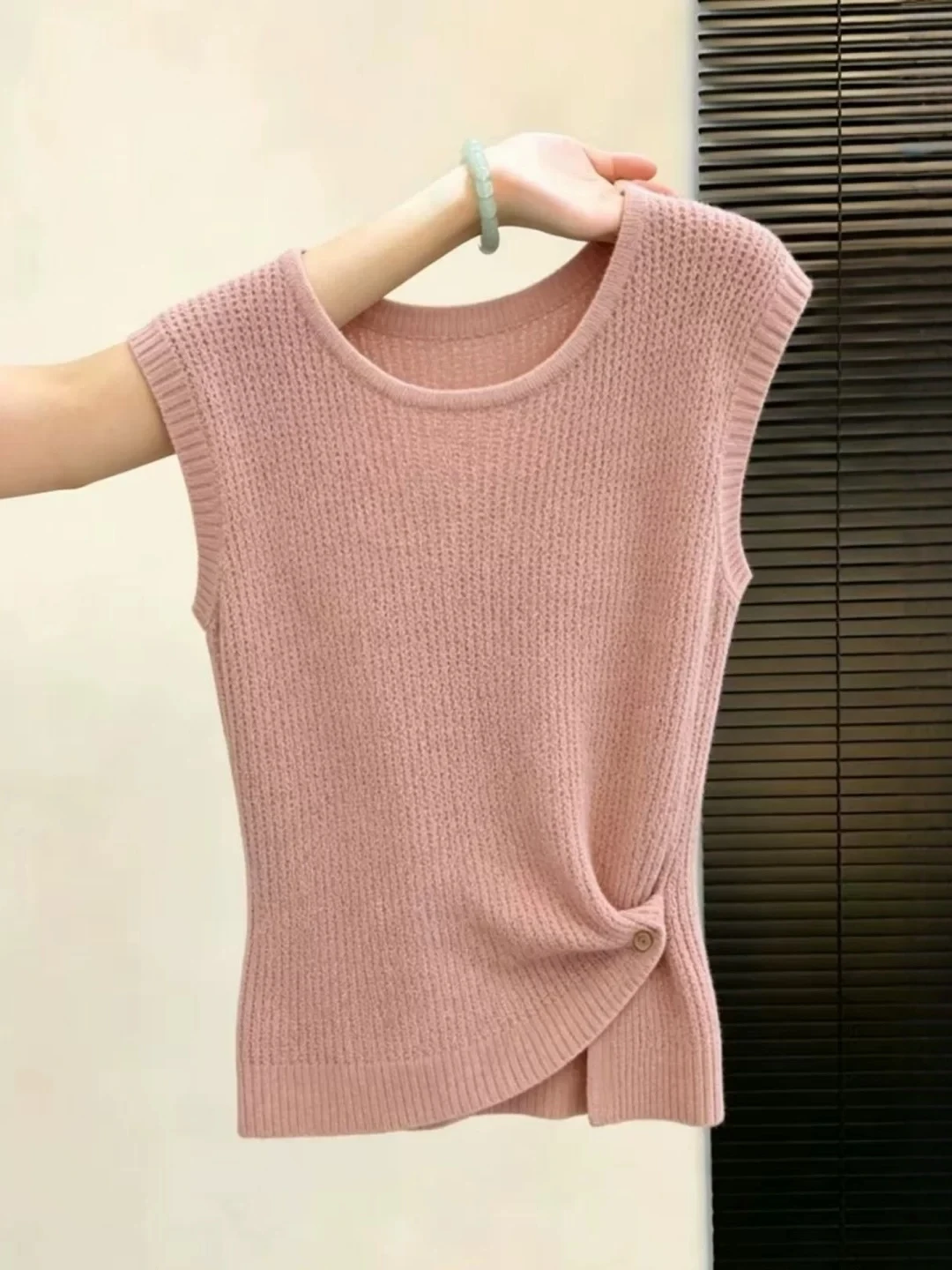 

Ladies Pink Knitted Sweater Casual Loose Style plus Size Comfortable Summer Top Korean Style round Neck Short Sleeve