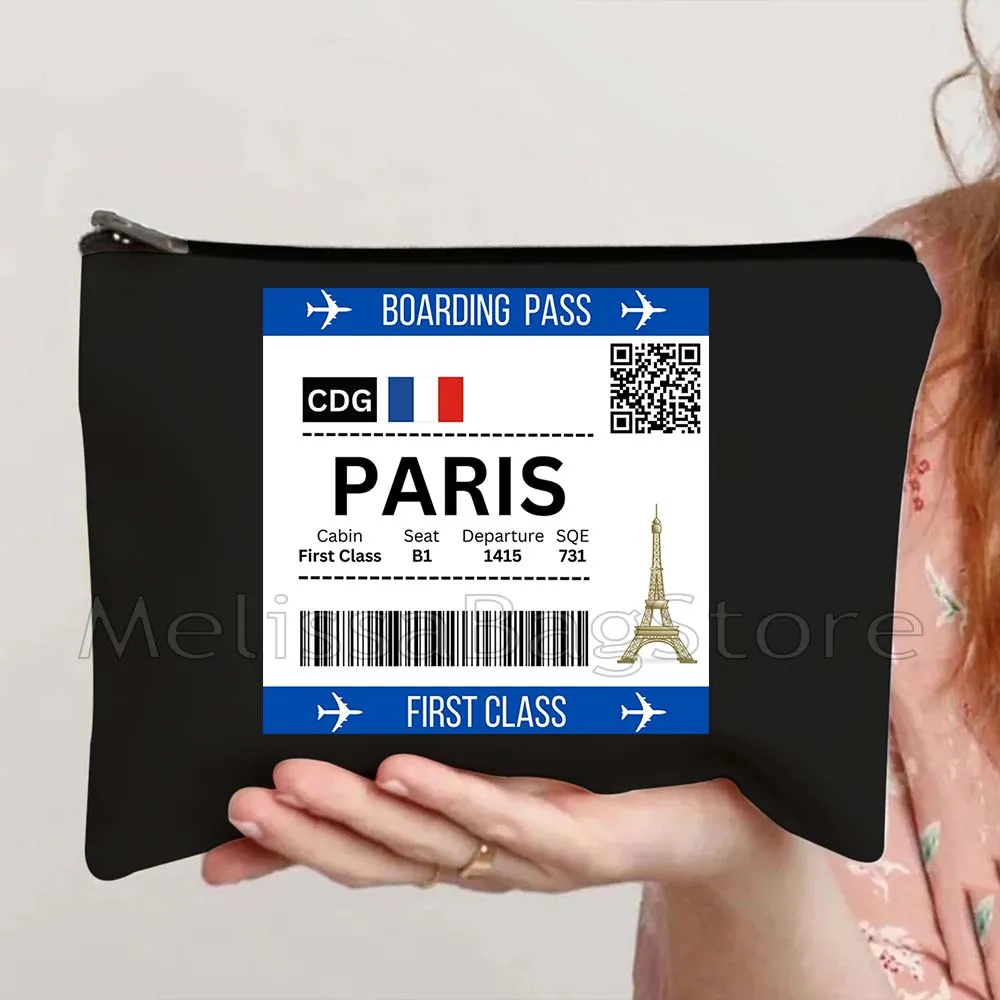 New York Rome Paris London Athens Bangkok Berlin Bogota Dubai Dublin Madrid Moscow Boarding Pass Cosmetic Makeup Bag Case Pouch