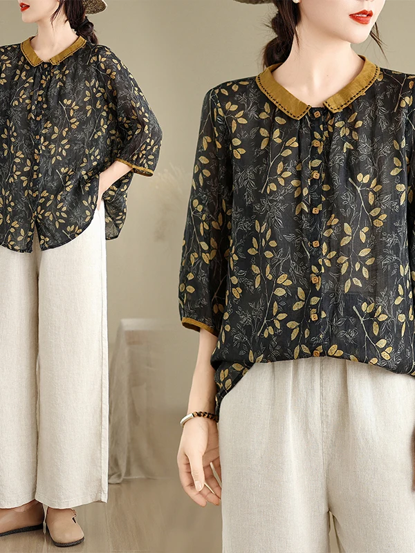 

Summer 2025 New Sle Floral Cotton Linen Casual Loose irt Women's New Chinese Sle Top Thin Material Comfortable Blouse