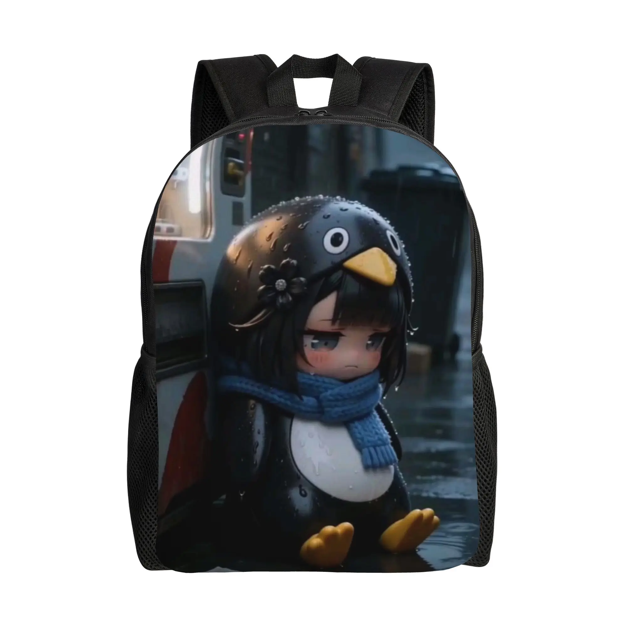 Knapsack Back to school season Rainy Street Chibi Penguin Cute Kawaii Lonely Character gugu gaga  Multi-Function Backpack