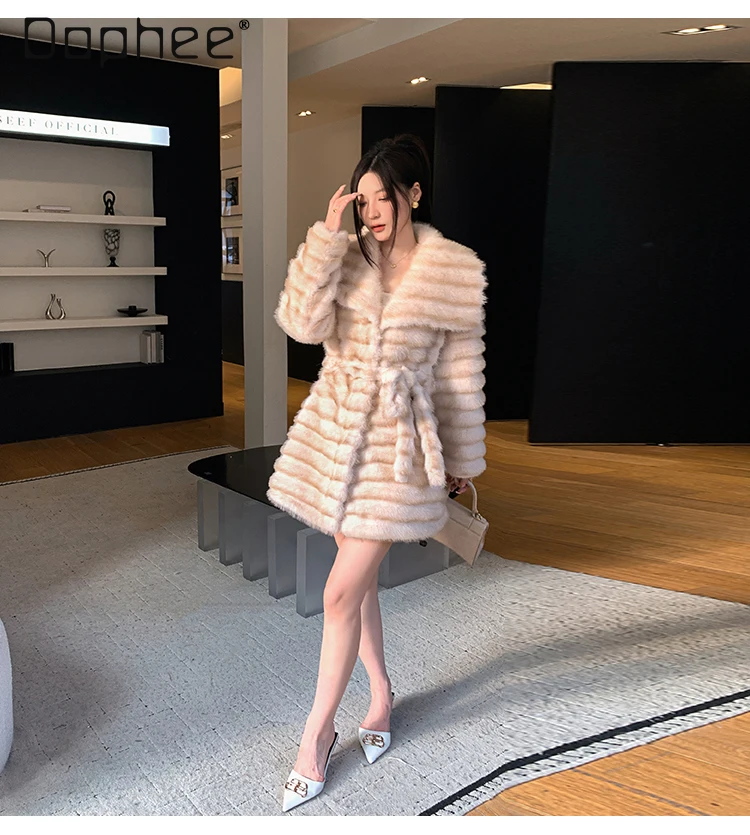 Light Luxury Socialite Large Lapel Fur Winter New Elegant High-End Striped Belt Slim Mid-Length Eco-Friendly Fur Coat for Women