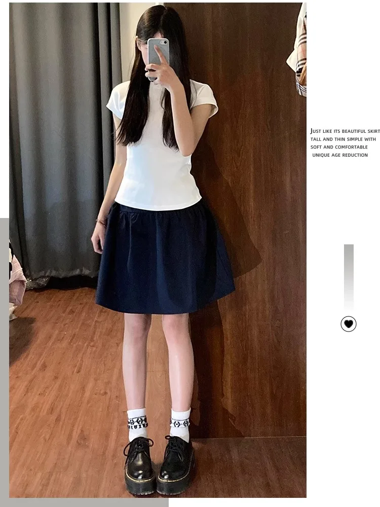Saia Midi de Cintura Alta para Mulheres, Verão, Fina, Plus Size, Estilo A-Line,  Saia, Estilo Universitário Japonês, Roup...