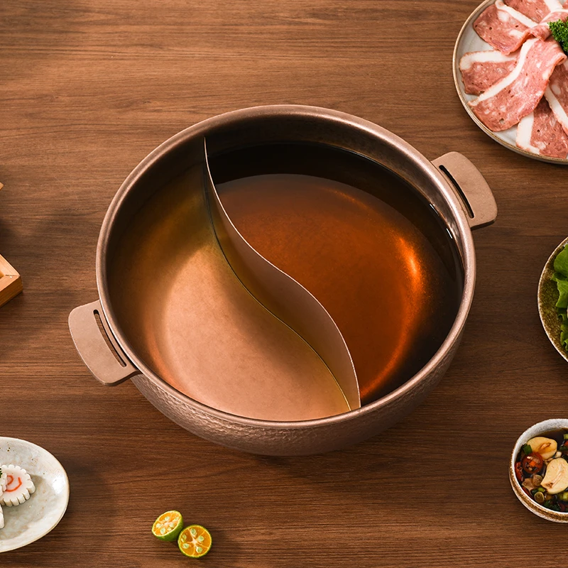 Bronze Color Commercial Chafing Dish Stainless Steel Hammer-textured Hot Pots,Induction Cookers Gas Stoves Double-flavor Hotpot