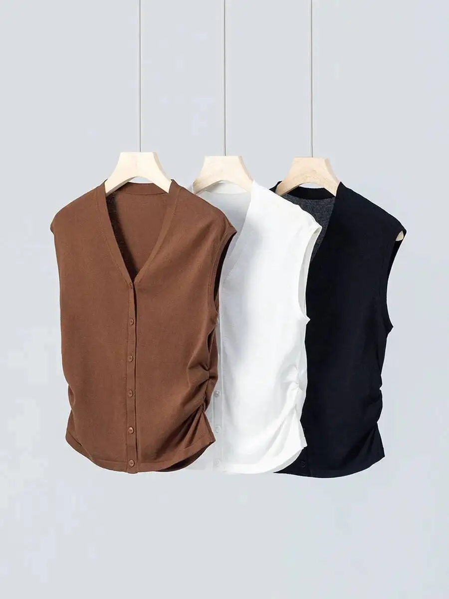 

V-Neck Sleeveless Knitted Lyocell Tank Tops,Summer Fold Waist Thin Slim Breathable Single Breasted Tops