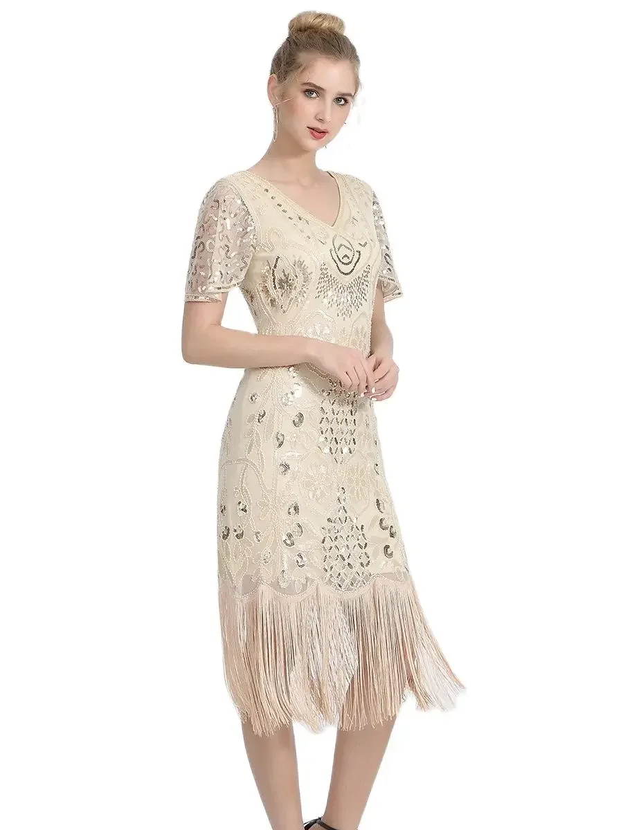 Sukienka z frędzlami, dekolt w kształcie litery V, rękaw w kształcie płatka, haftowana sukienka Midi, duży rozmiar 4XL, lata 20. Flapper Dress, cekiny, zroszony, impreza Great Gatsby