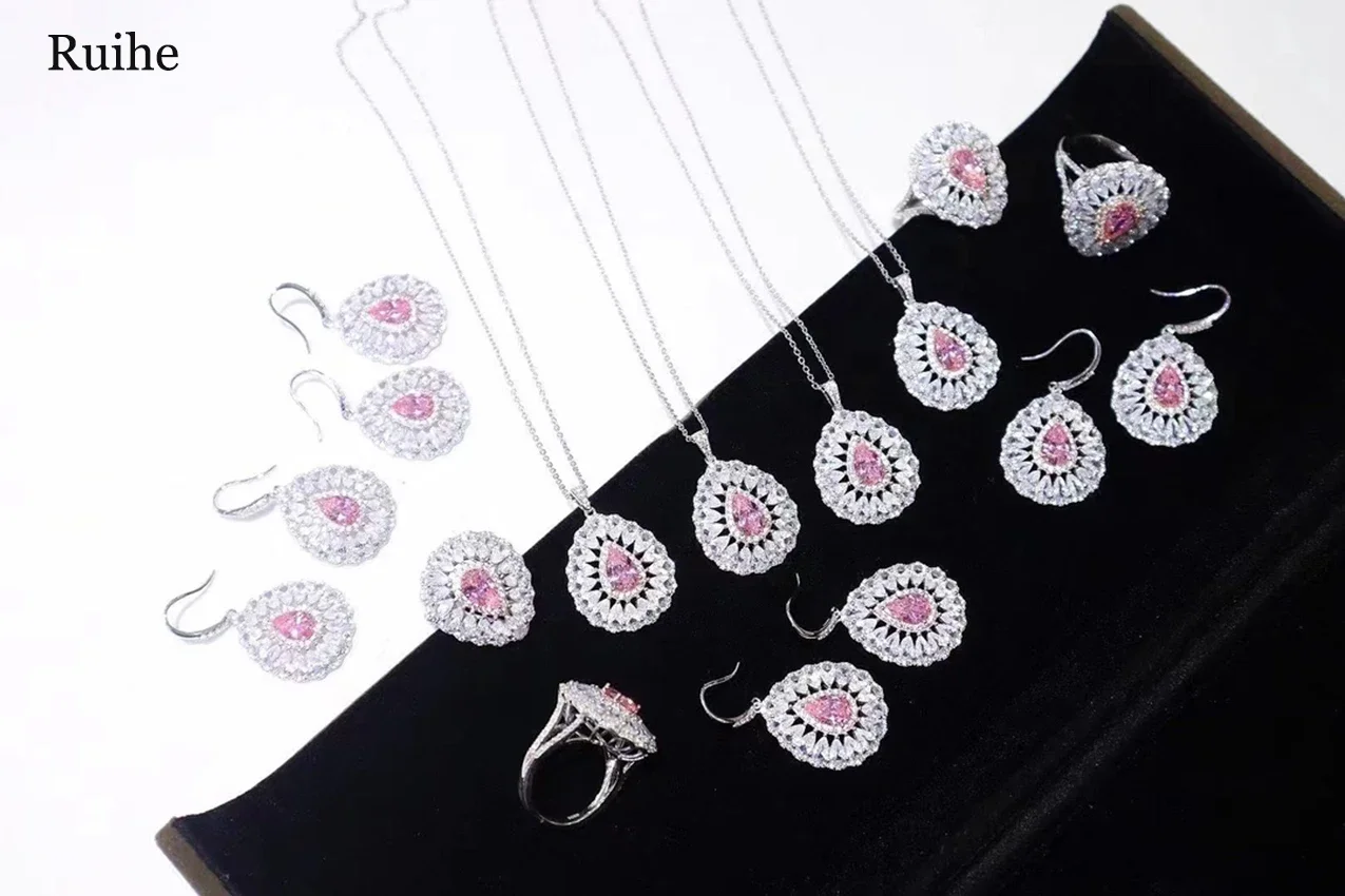 Ruihe S925 Sterling Silver Necklace Earring Ring PInk Zircon Water Drop Shape Gemstones Jewelry Set Ladies Party Gift