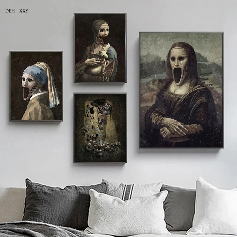 

Creepy Famous Painting Poster Prints Canvas Painting The Scary Mona Lisa Wall Art Picture Friend Gifts Horror Figure Wall Decor