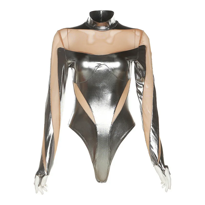 Electronic Music Festival Cyberpunk Style Futuristic Metal Perspective Splicing Long Sleeved One-piece Top Set