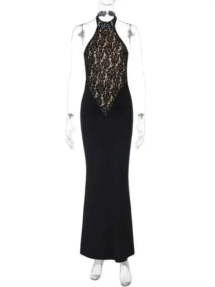 Vestido largo de encaje con cuello Halter y espalda descubierta para mujer, vestido largo negro con hombros descubiertos, sin tirantes, sin mangas, ceñido al cuerpo para fiesta y Club