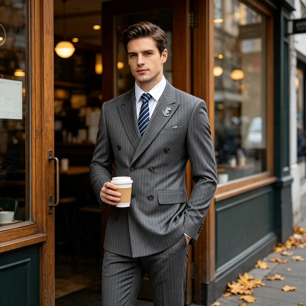 2 Piece Men‘s Pinstripe Double Breasted Suit Set Formal Business  Slim Fit Tuxedo Suits Groomsmen for Party Wedding Blazer+Pants